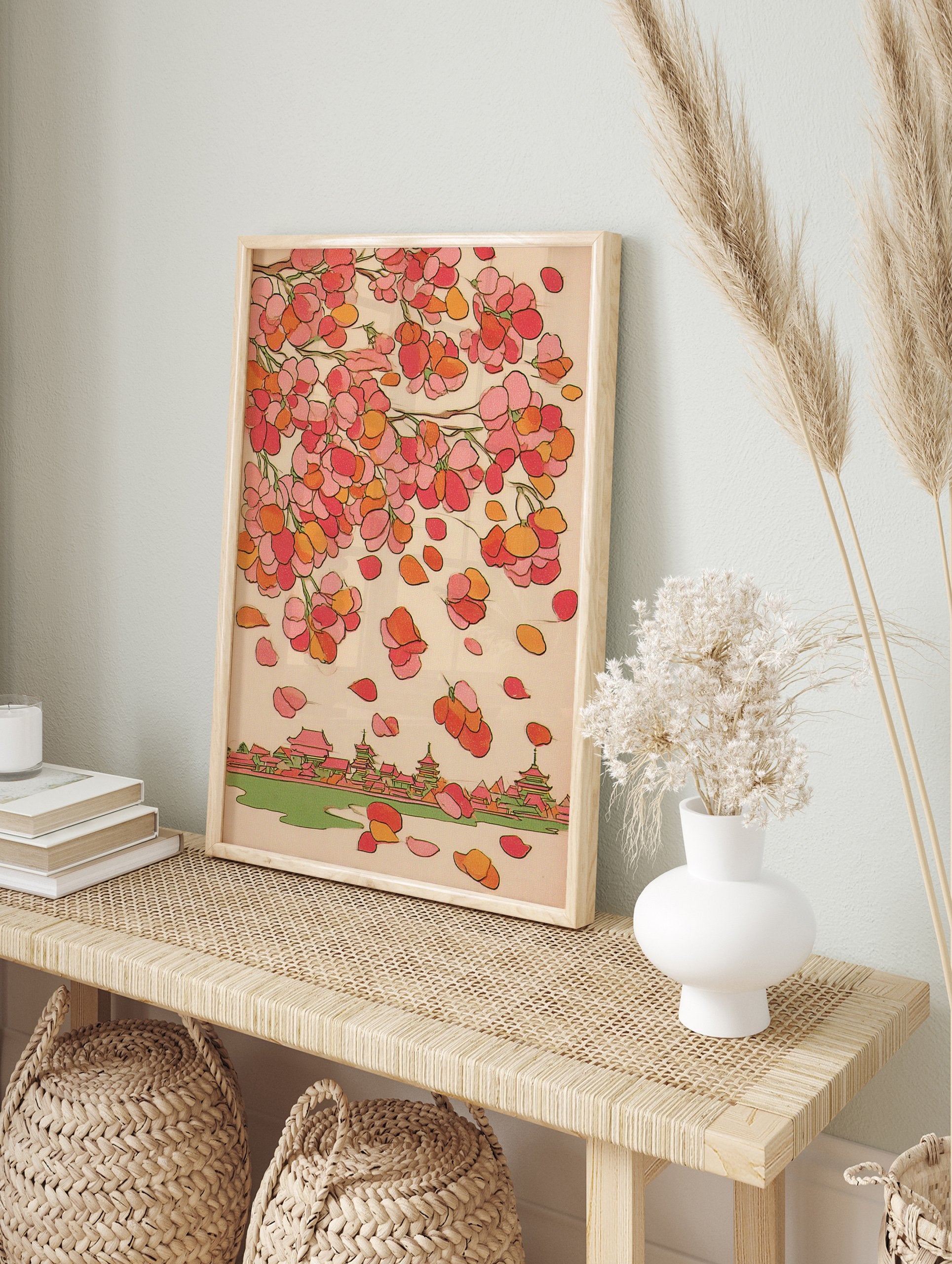 Traditional Japanese wall art featuring pink and orange cherry blossoms falling over a village with temples and a river. - Image 3