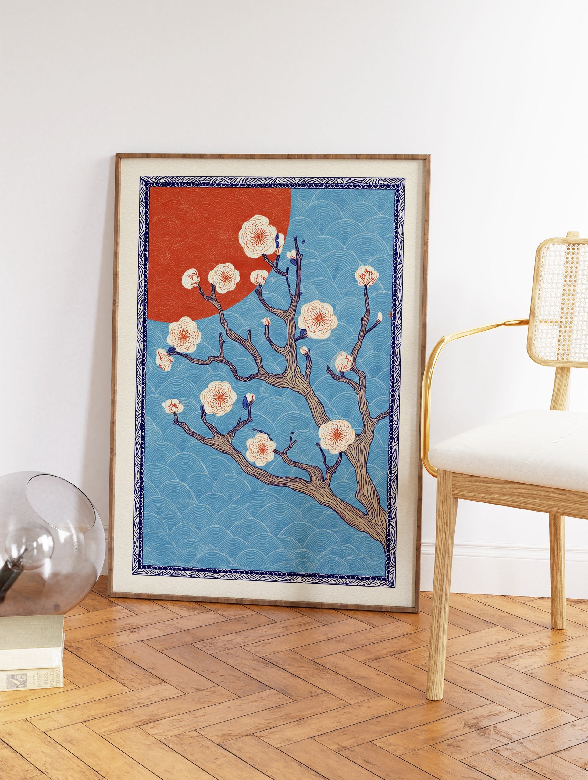 Japanese cherry blossom tree print with white flowers, a red sun, and blue wave patterns, framed by a decorative border. - Image 2