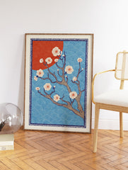 Japanese cherry blossom tree print with white flowers, a red sun, and blue wave patterns, framed by a decorative border. - Image 2