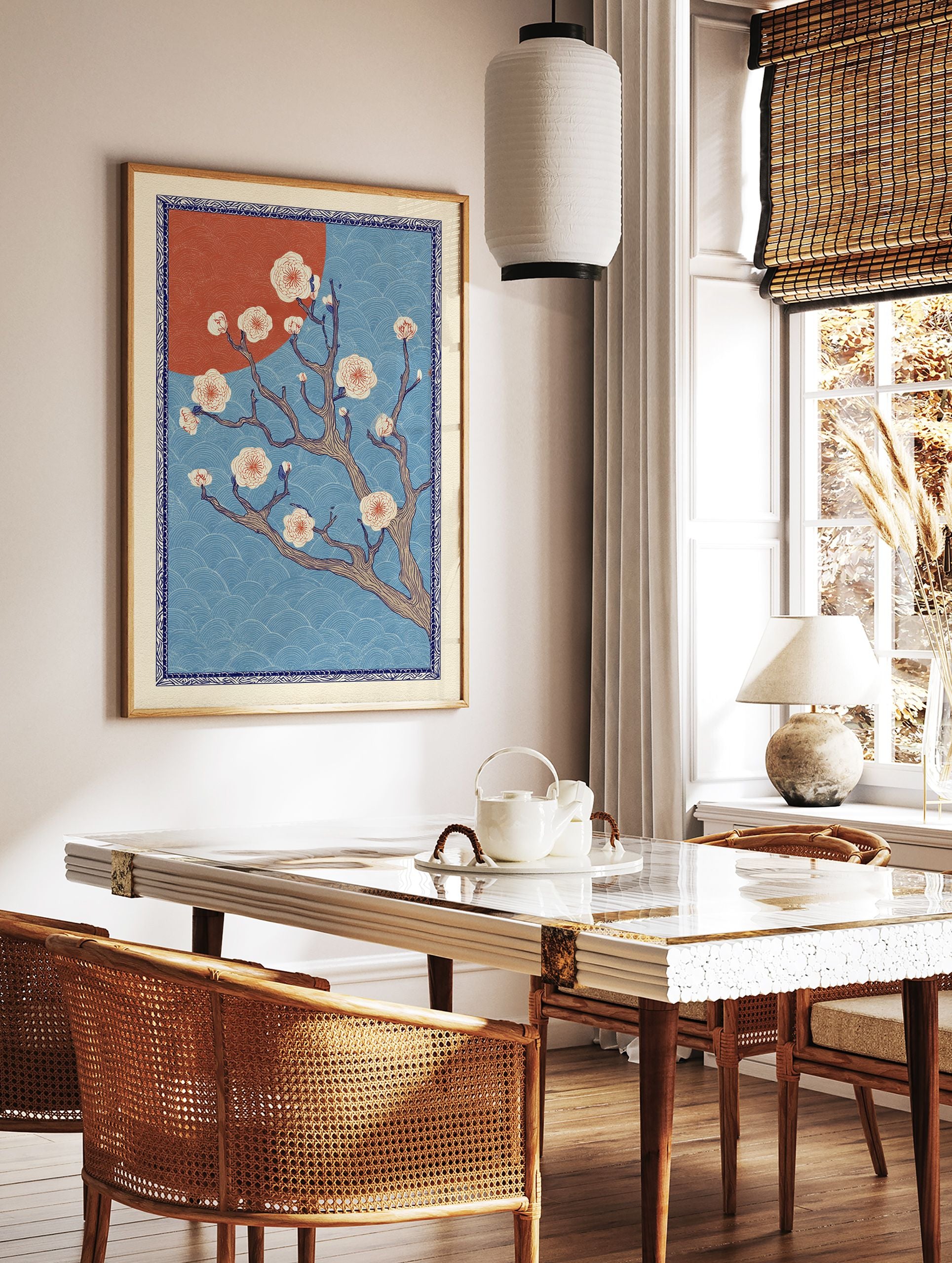 Japanese cherry blossom tree print with white flowers, a red sun, and blue wave patterns, framed by a decorative border. - Image 3