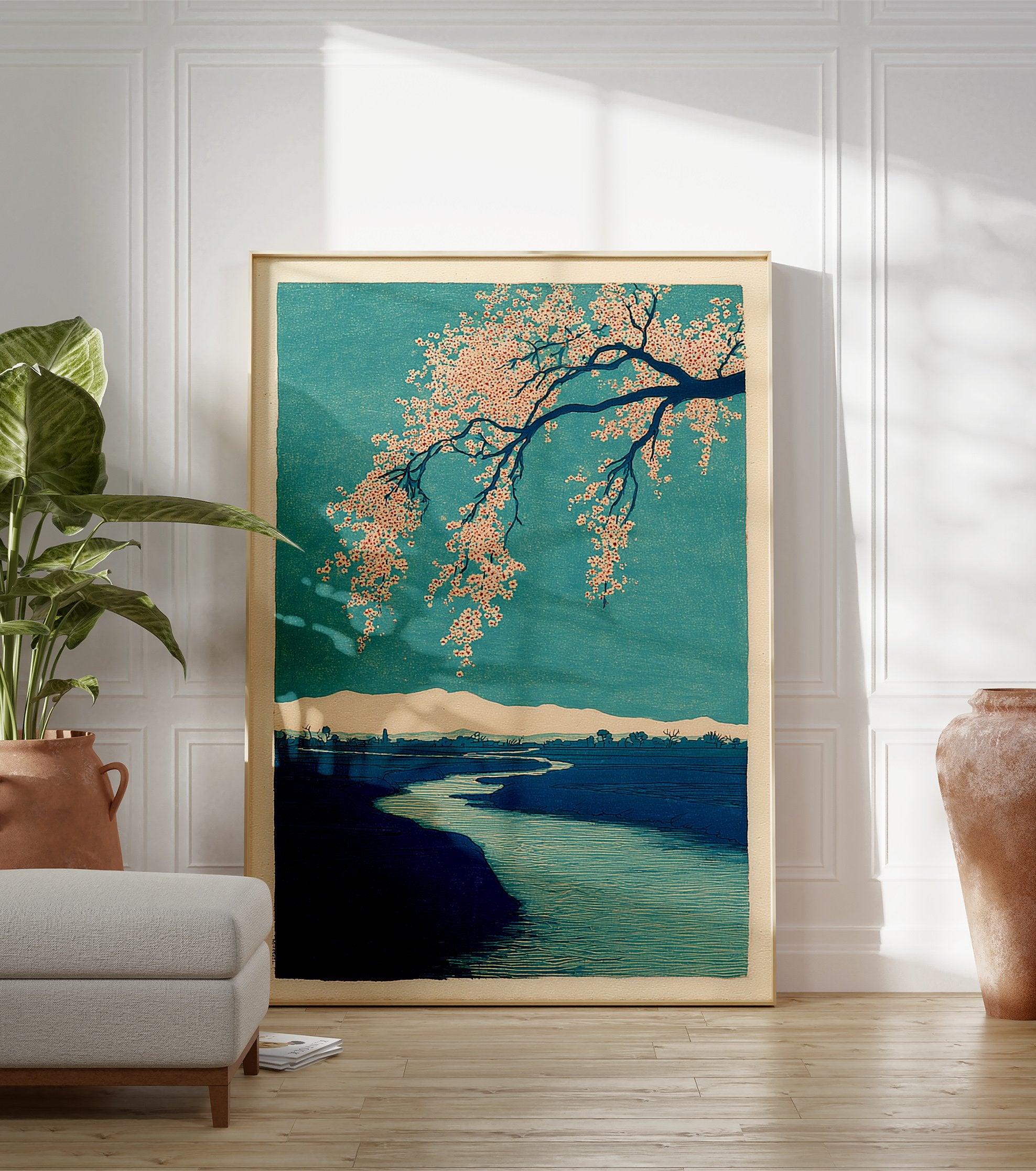 Japanese art print of cherry blossoms over a winding river, with distant mountains and a village under a teal sky. - Image 3