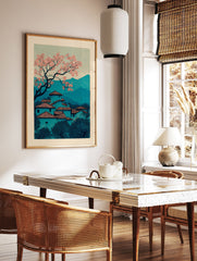 Japanese cherry blossom tree blooming over a teal village landscape with mountains in a woodblock print style. - Image 2