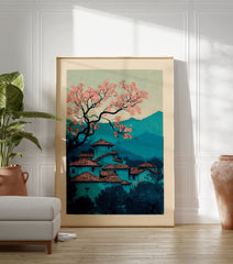 Japanese cherry blossom tree blooming over a teal village landscape with mountains in a woodblock print style. - Image 3