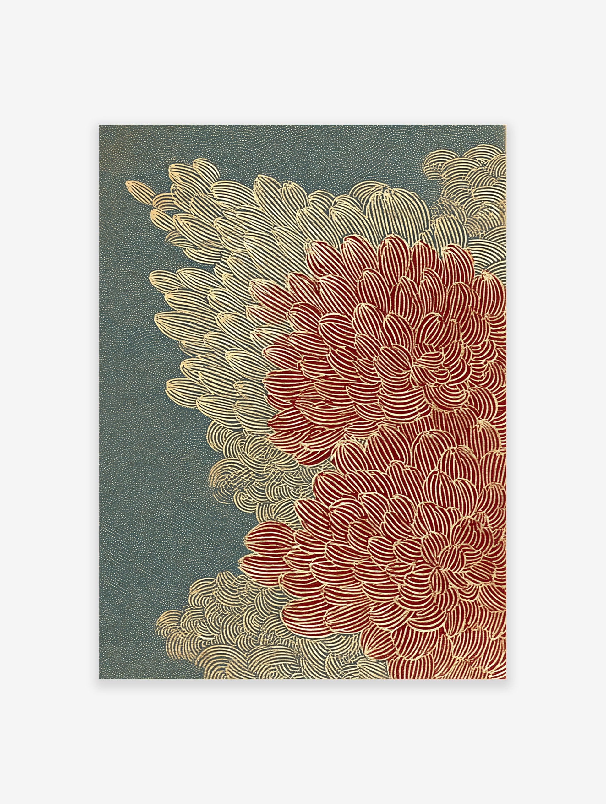 Traditional Japanese Wall Art print with red and gold chrysanthemum botanical patterns on a dark teal background.