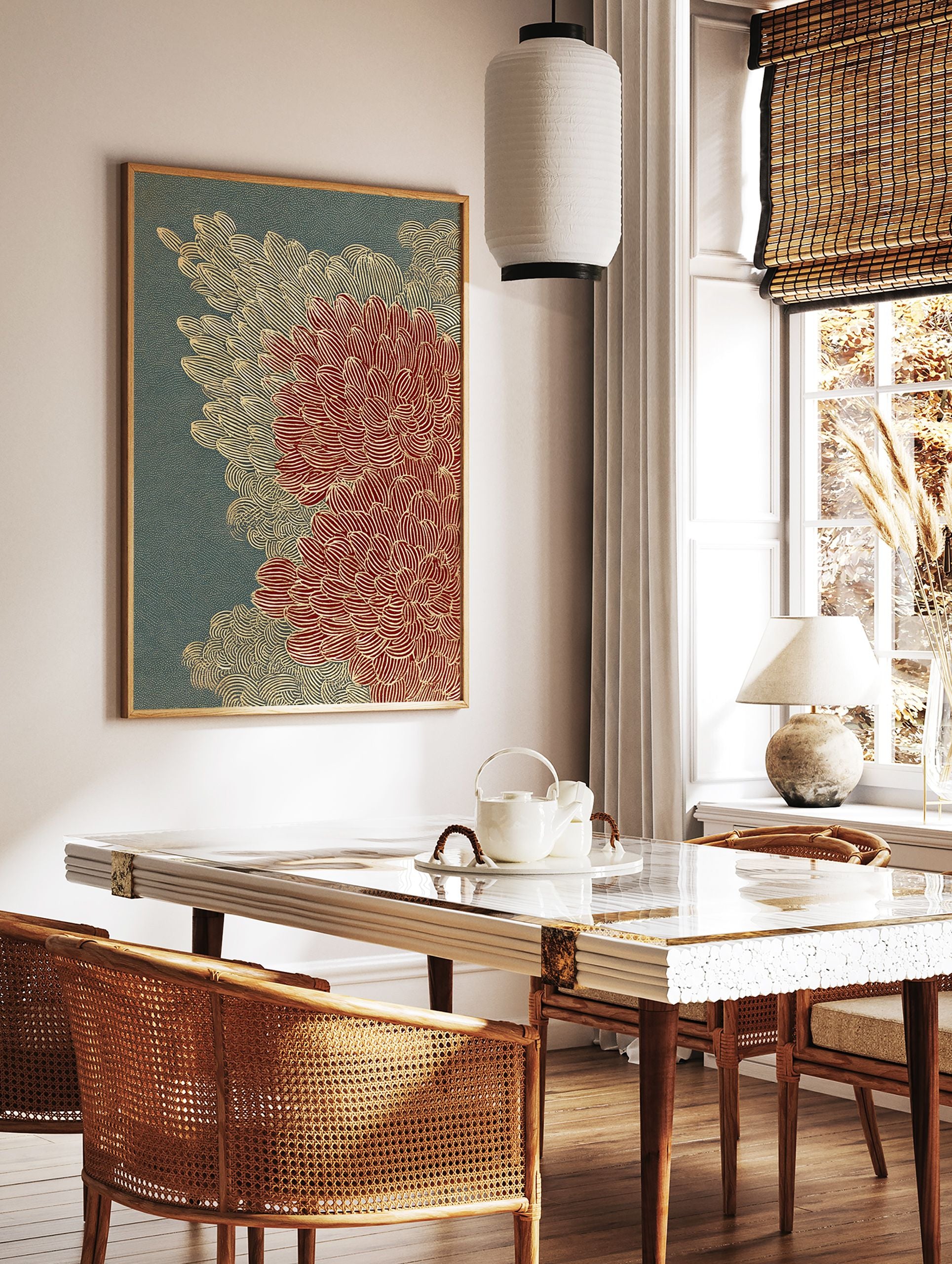 Traditional Japanese Wall Art print with red and gold chrysanthemum botanical patterns on a dark teal background. - Image 2