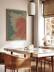 Traditional Japanese Wall Art print with red and gold chrysanthemum botanical patterns on a dark teal background. - Image 2