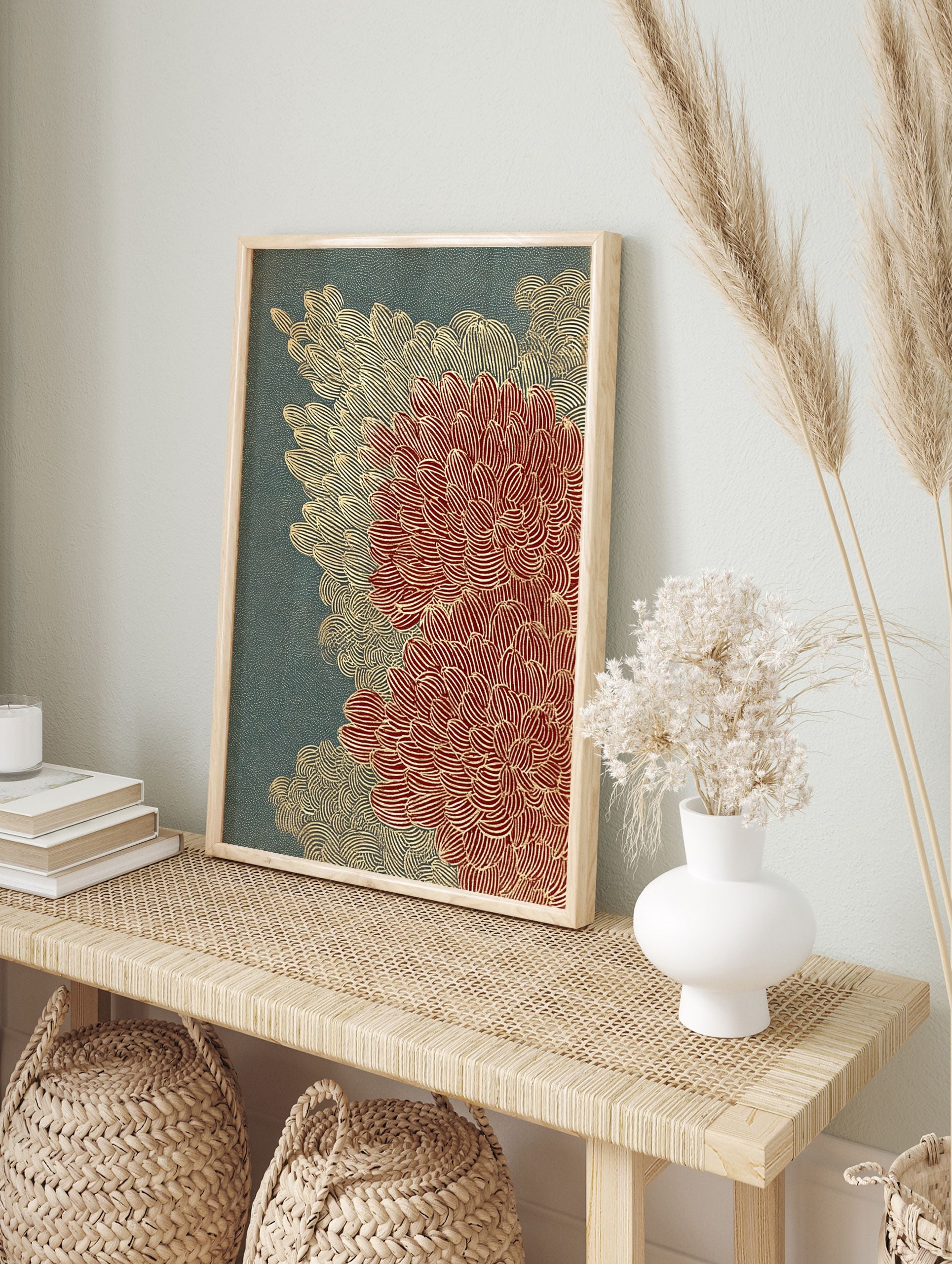 Traditional Japanese Wall Art print with red and gold chrysanthemum botanical patterns on a dark teal background. - Image 3