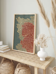 Traditional Japanese Wall Art print with red and gold chrysanthemum botanical patterns on a dark teal background. - Image 3