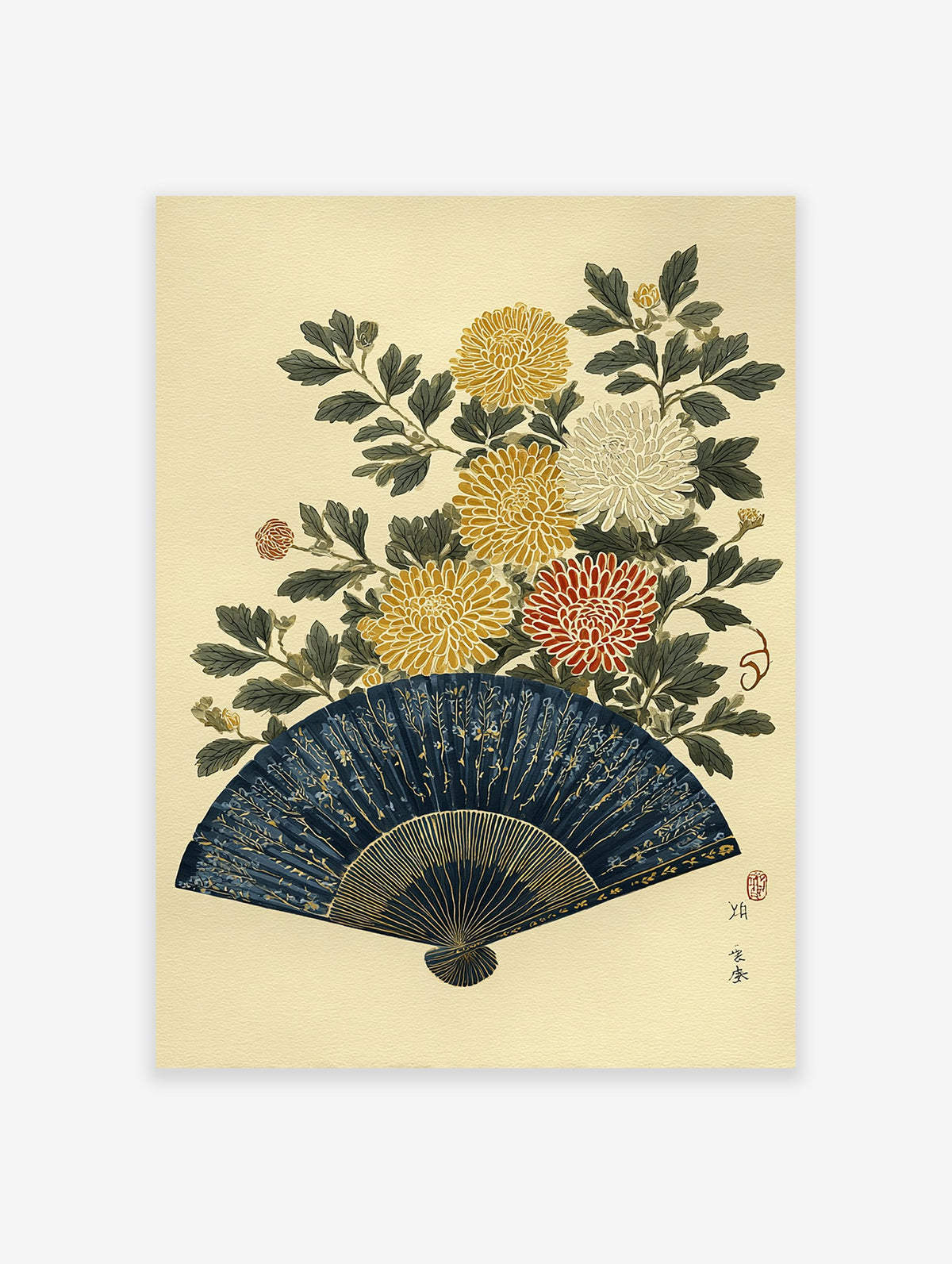 Japanese Wall Art print featuring a dark blue folding fan with gold patterns and vibrant yellow, white, and red chrysanthemum flowers.