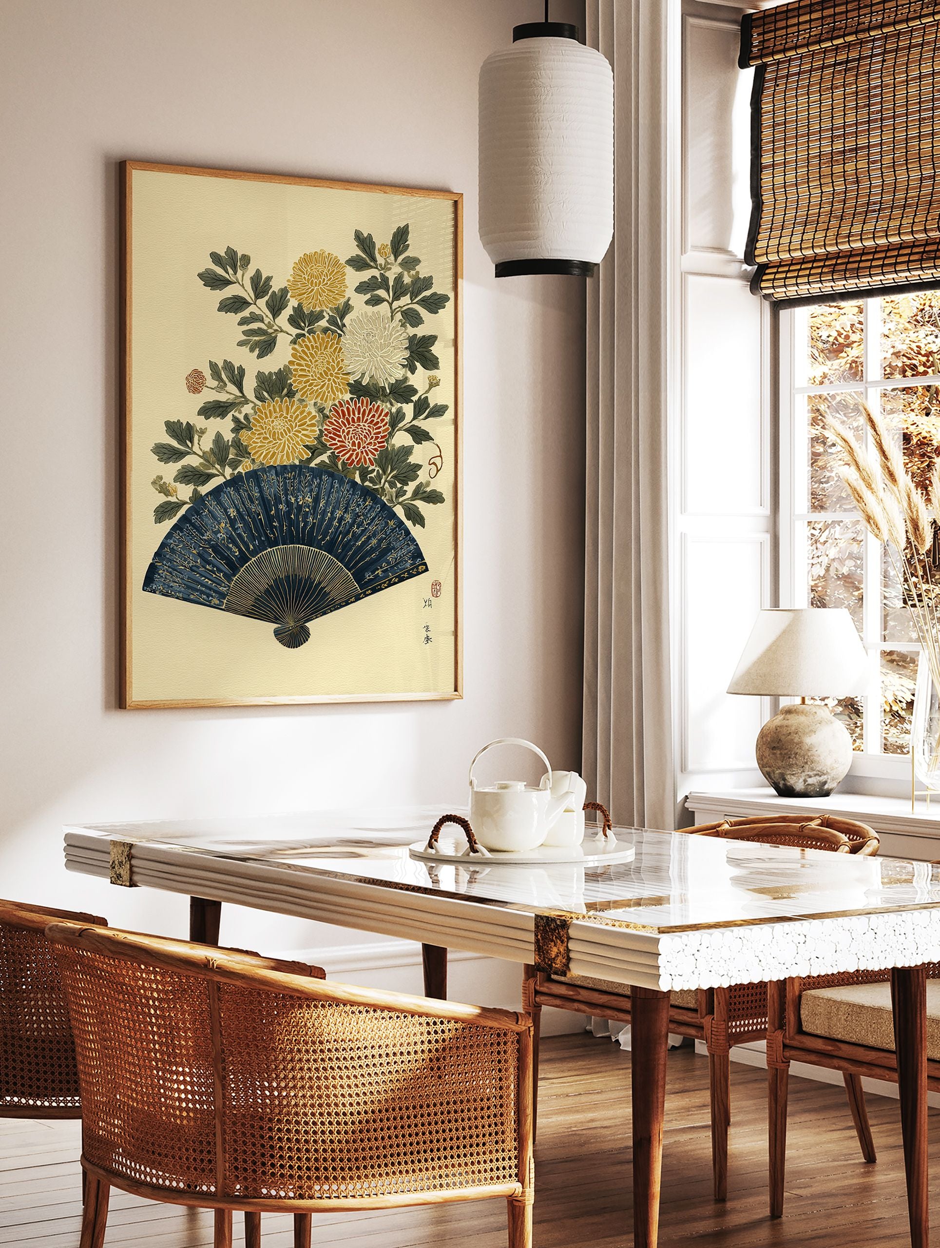 Japanese Wall Art print featuring a dark blue folding fan with gold patterns and vibrant yellow, white, and red chrysanthemum flowers. - Image 2