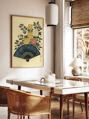 Japanese Wall Art print featuring a dark blue folding fan with gold patterns and vibrant yellow, white, and red chrysanthemum flowers. - Image 2