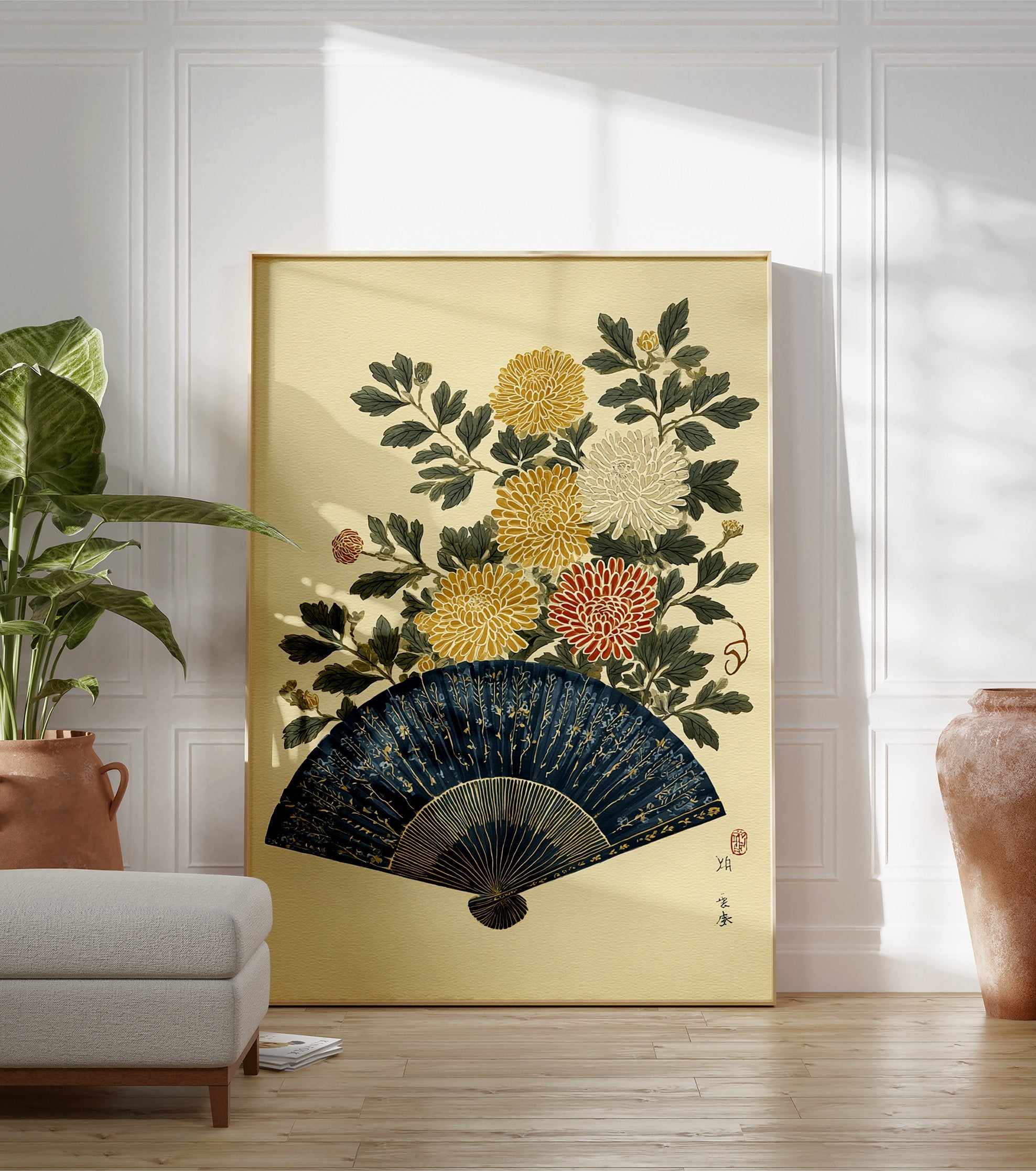 Japanese Wall Art print featuring a dark blue folding fan with gold patterns and vibrant yellow, white, and red chrysanthemum flowers. - Image 3