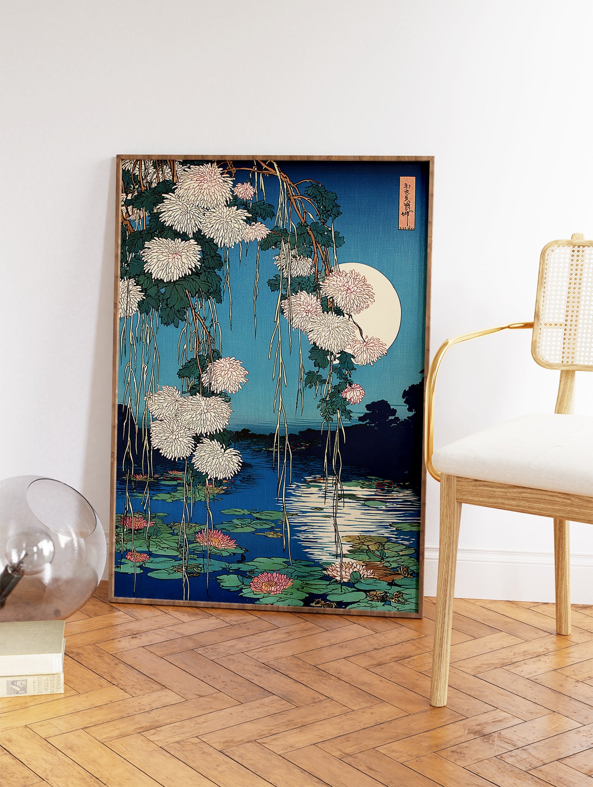 Japanese Wall Art: Ukiyo-e print of white chrysanthemums, pink water lilies, and a full moon reflecting on a blue pond. - Image 2