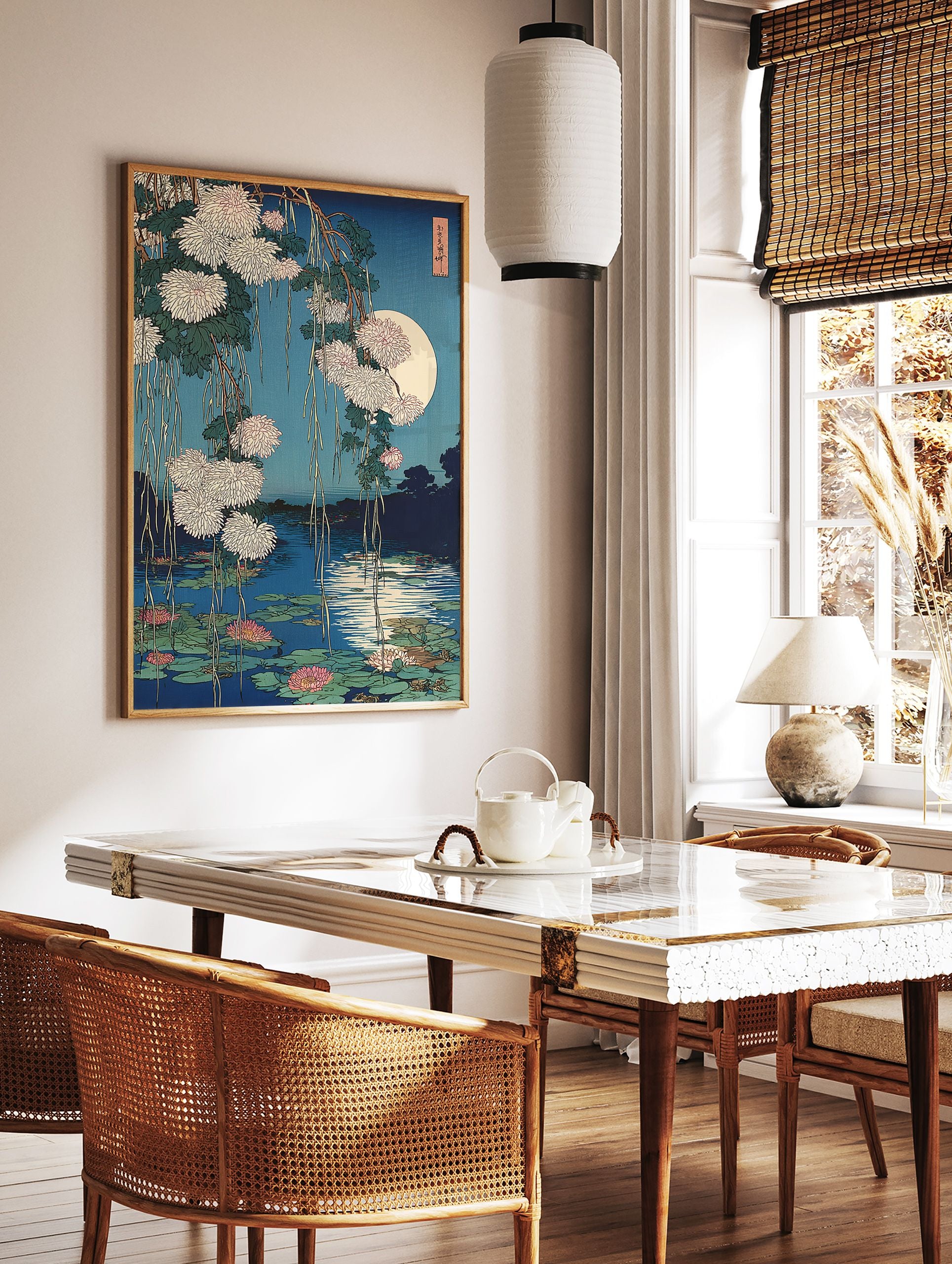 Japanese Wall Art: Ukiyo-e print of white chrysanthemums, pink water lilies, and a full moon reflecting on a blue pond. - Image 3