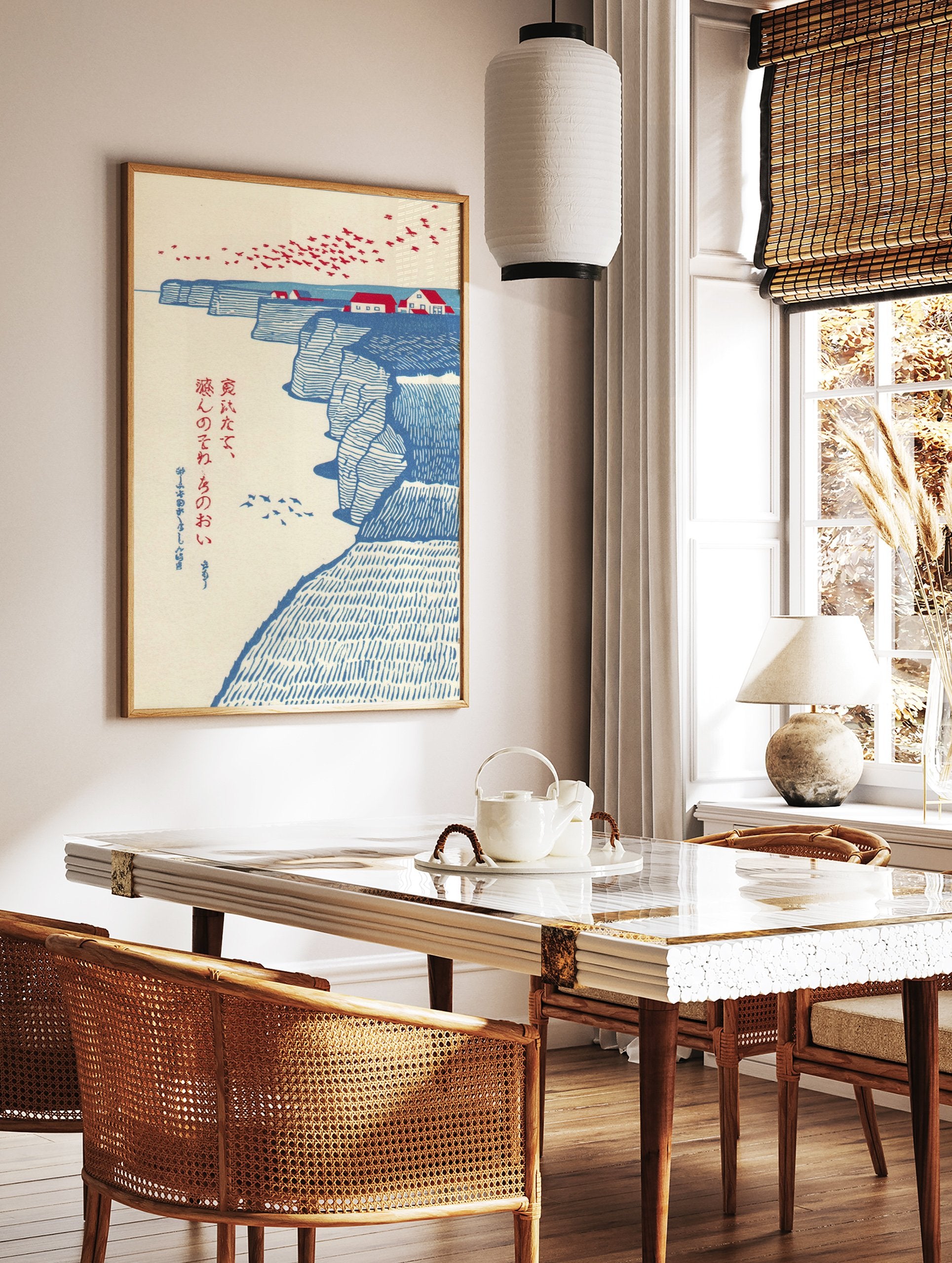 Japanese landscape wall art print with blue coastal cliffs, red-roofed houses, and red birds flying over the sea. - Image 3