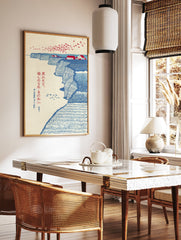 Japanese landscape wall art print with blue coastal cliffs, red-roofed houses, and red birds flying over the sea. - Image 3