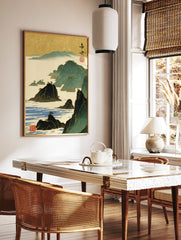 Japanese woodblock style coastal landscape art print with dark islands, blue water, green mountains, and a textured gold sky. - Image 2