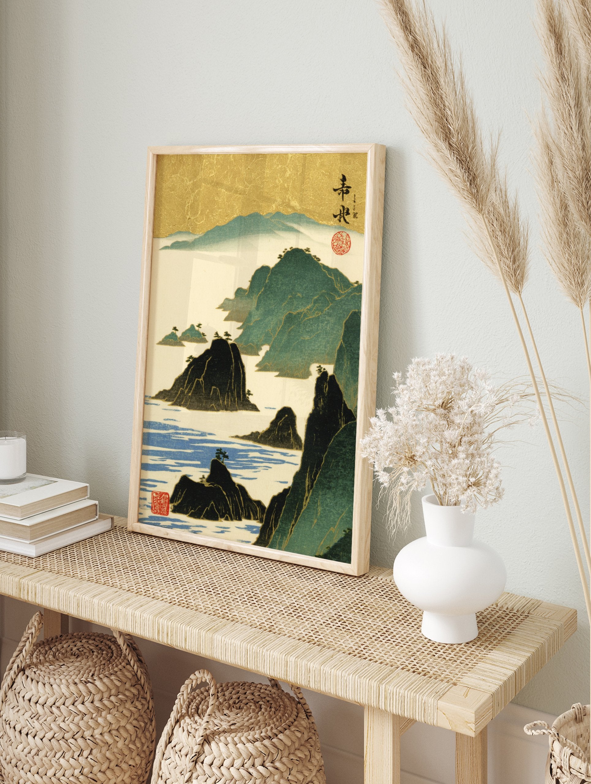 Japanese woodblock style coastal landscape art print with dark islands, blue water, green mountains, and a textured gold sky. - Image 3