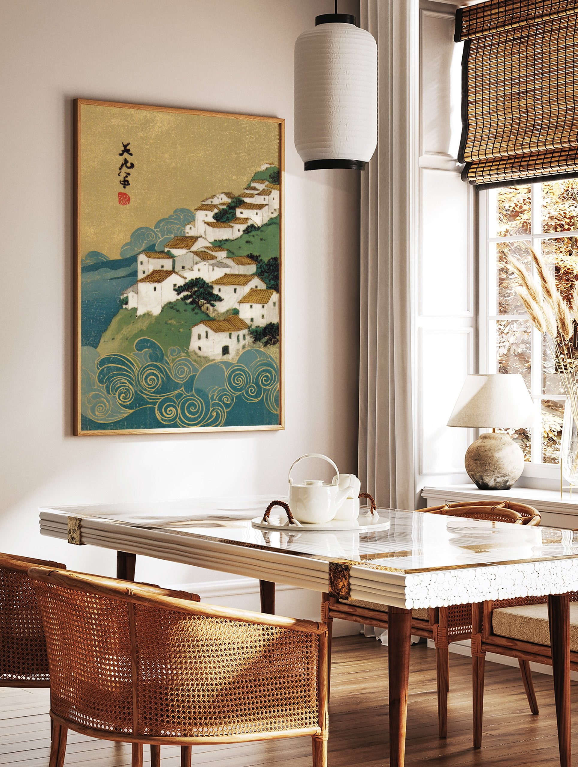 Japanese Wall Art print in Ukiyo-e style depicting a white coastal village on a green hill, with golden sky and blue waves. - Image 2
