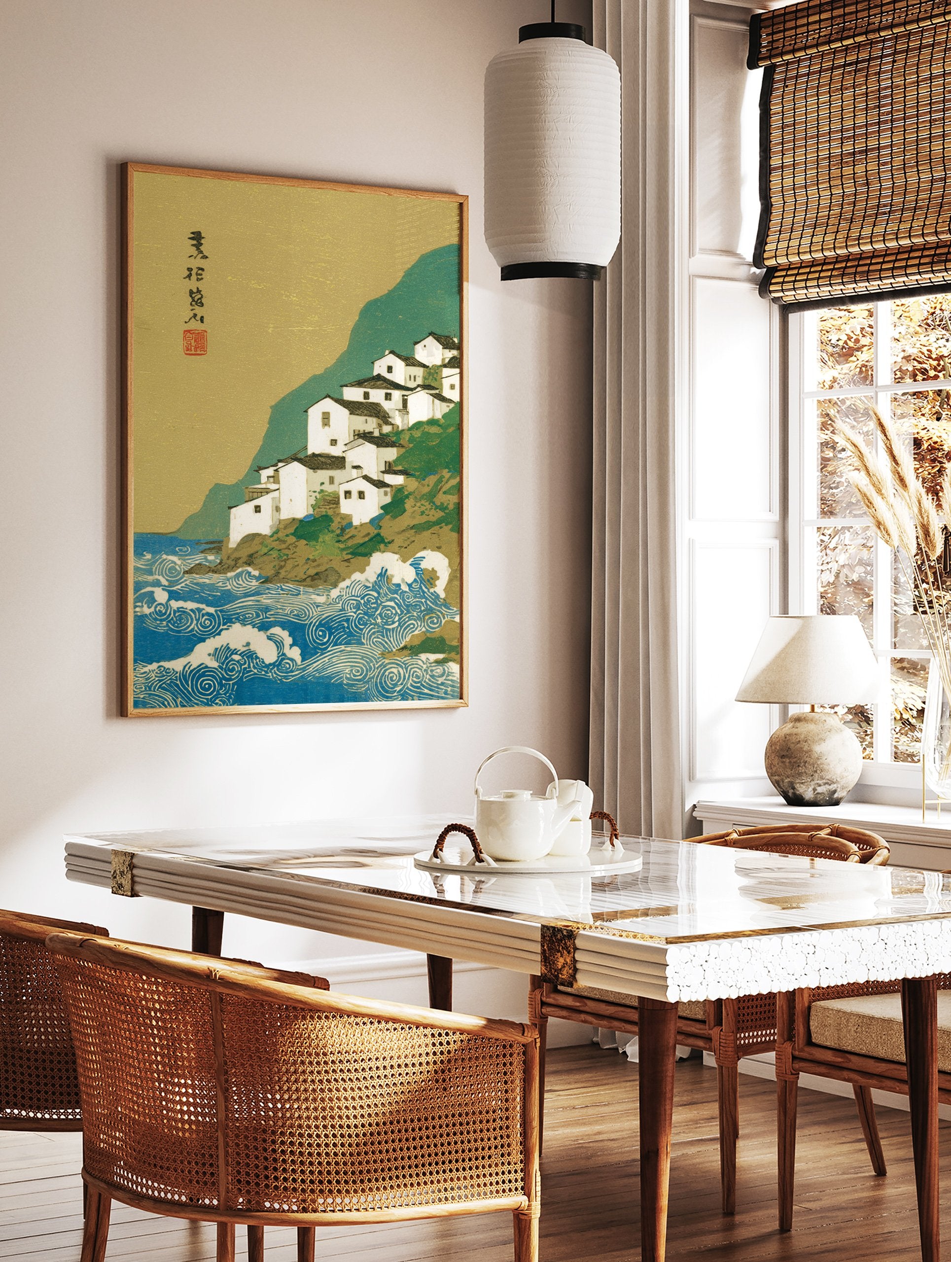 Japanese ukiyo-e style print of a white coastal village on a green cliff overlooking blue ocean waves with a gold sky. - Image 2