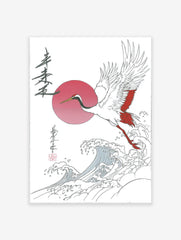 Japanese red-crowned crane flying over ocean waves with a red sun, in a traditional illustration style.