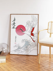 Japanese red-crowned crane flying over ocean waves with a red sun, in a traditional illustration style. - Image 2