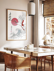 Japanese red-crowned crane flying over ocean waves with a red sun, in a traditional illustration style. - Image 3