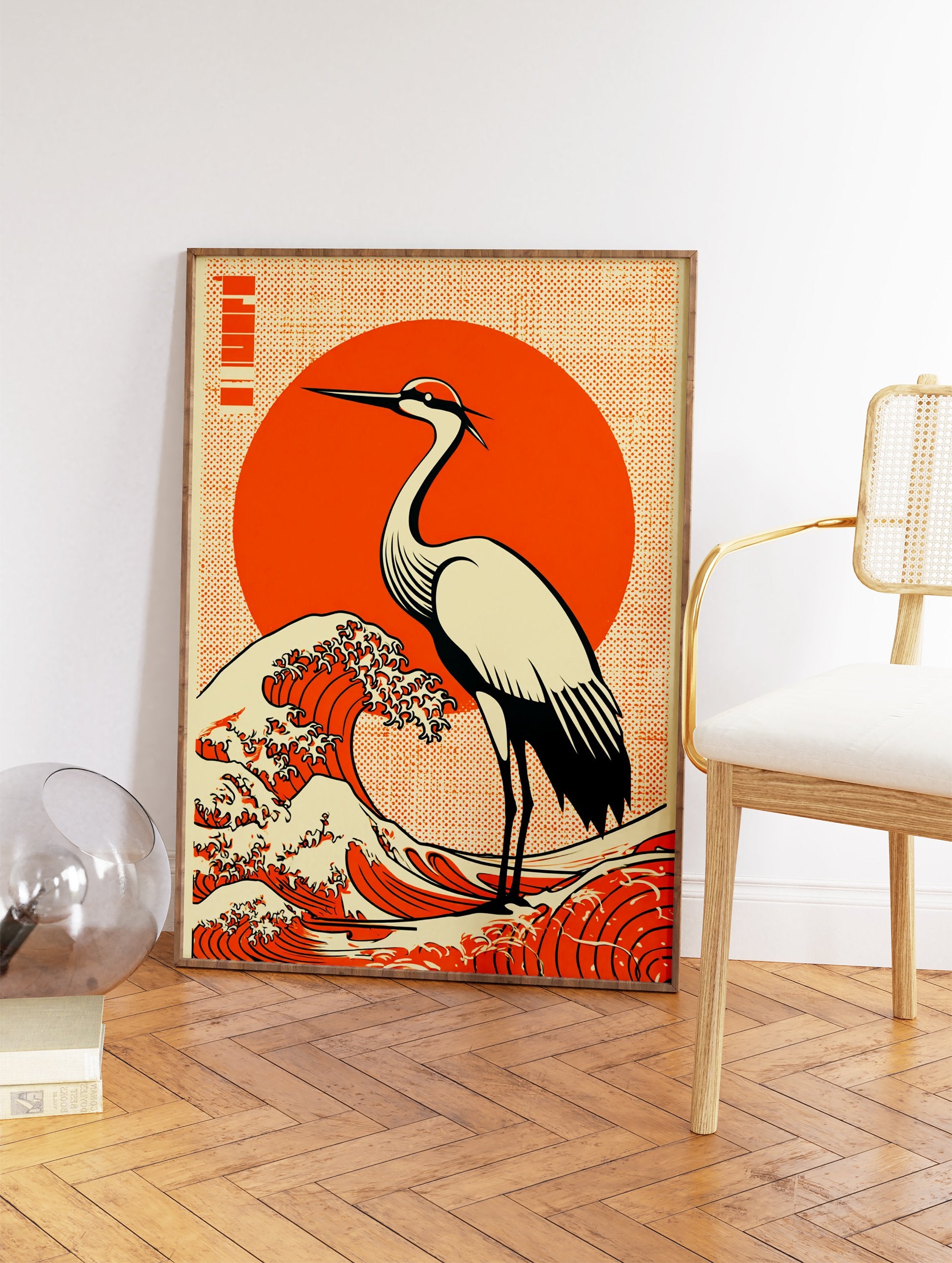 Japanese Wall Art print featuring a white crane bird on a large orange wave with a red sun background and halftone texture. - Image 2