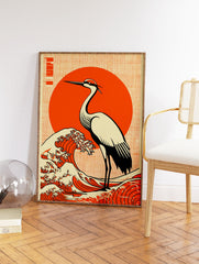 Japanese Wall Art print featuring a white crane bird on a large orange wave with a red sun background and halftone texture. - Image 2