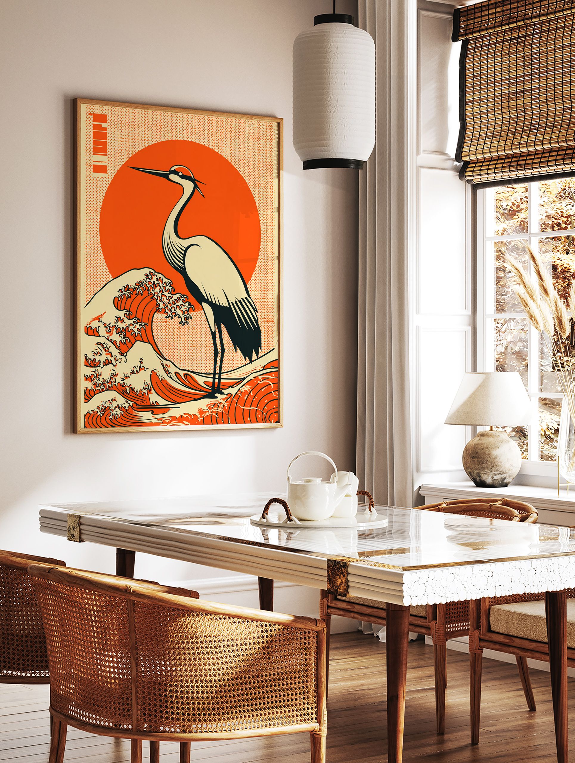 Japanese Wall Art print featuring a white crane bird on a large orange wave with a red sun background and halftone texture. - Image 3