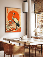Japanese Wall Art print featuring a white crane bird on a large orange wave with a red sun background and halftone texture. - Image 3