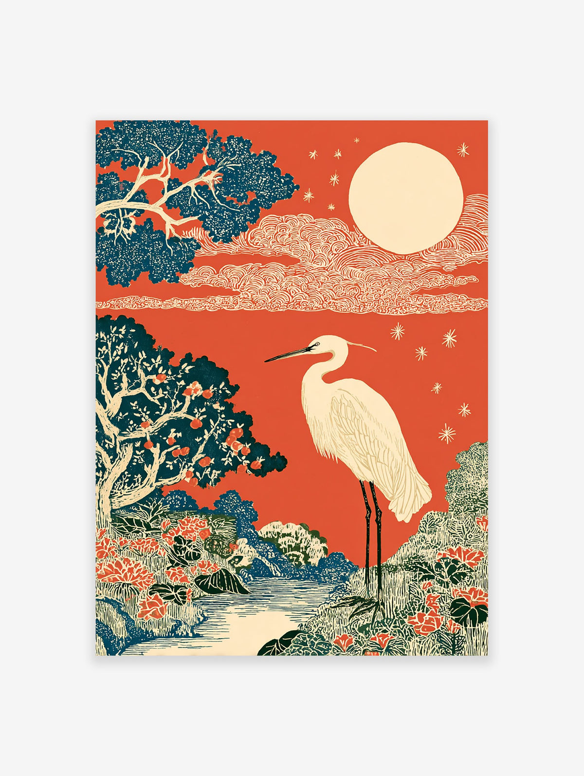 Japanese Ukiyo-e style wall art print with a white crane, red sky, full moon, blue trees, and a river landscape.