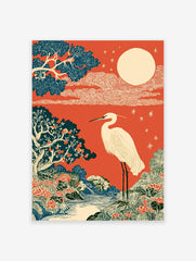 Japanese Ukiyo-e style wall art print with a white crane, red sky, full moon, blue trees, and a river landscape.