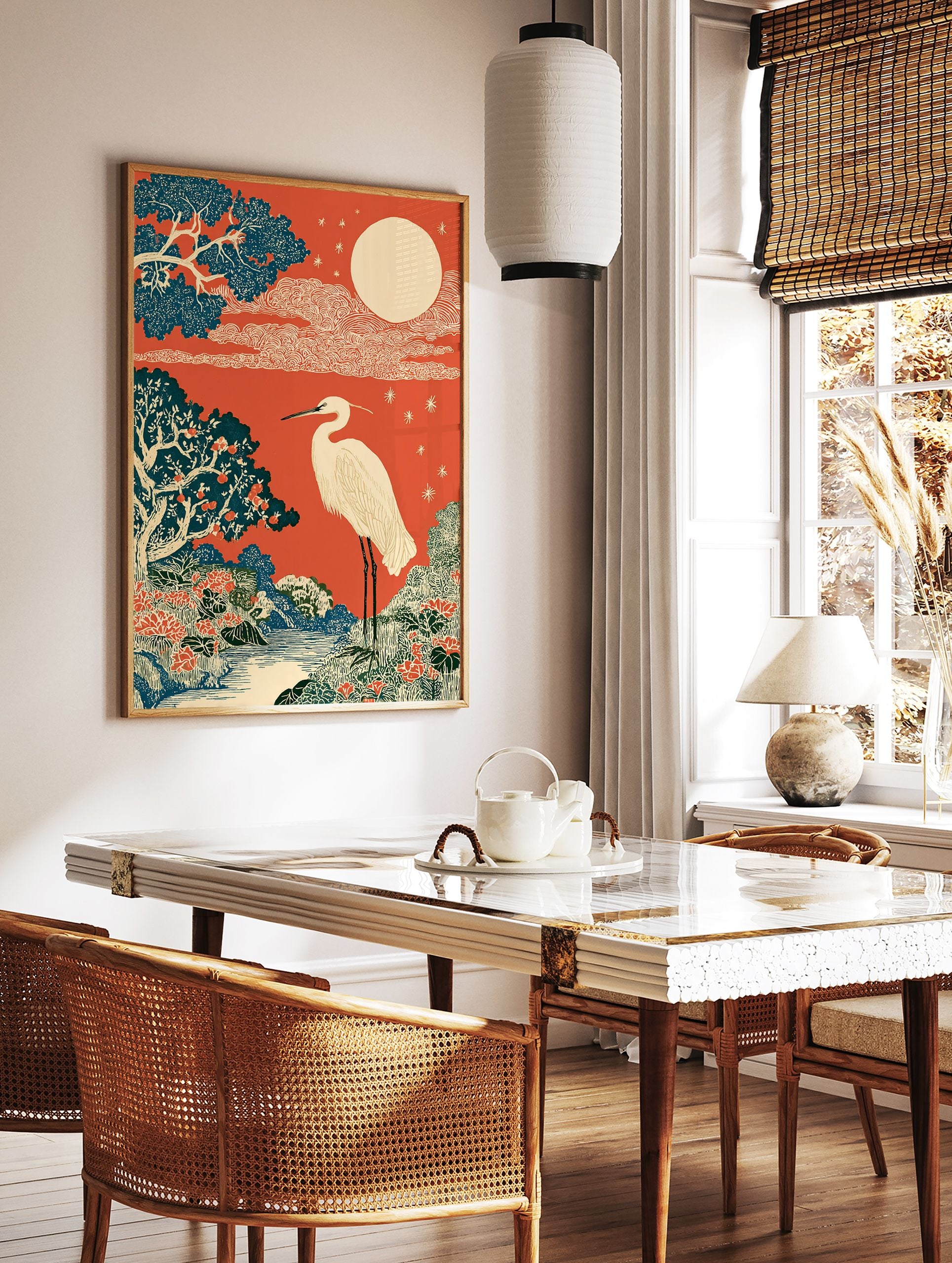 Japanese Ukiyo-e style wall art print with a white crane, red sky, full moon, blue trees, and a river landscape. - Image 2
