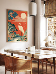 Japanese Ukiyo-e style wall art print with a white crane, red sky, full moon, blue trees, and a river landscape. - Image 2
