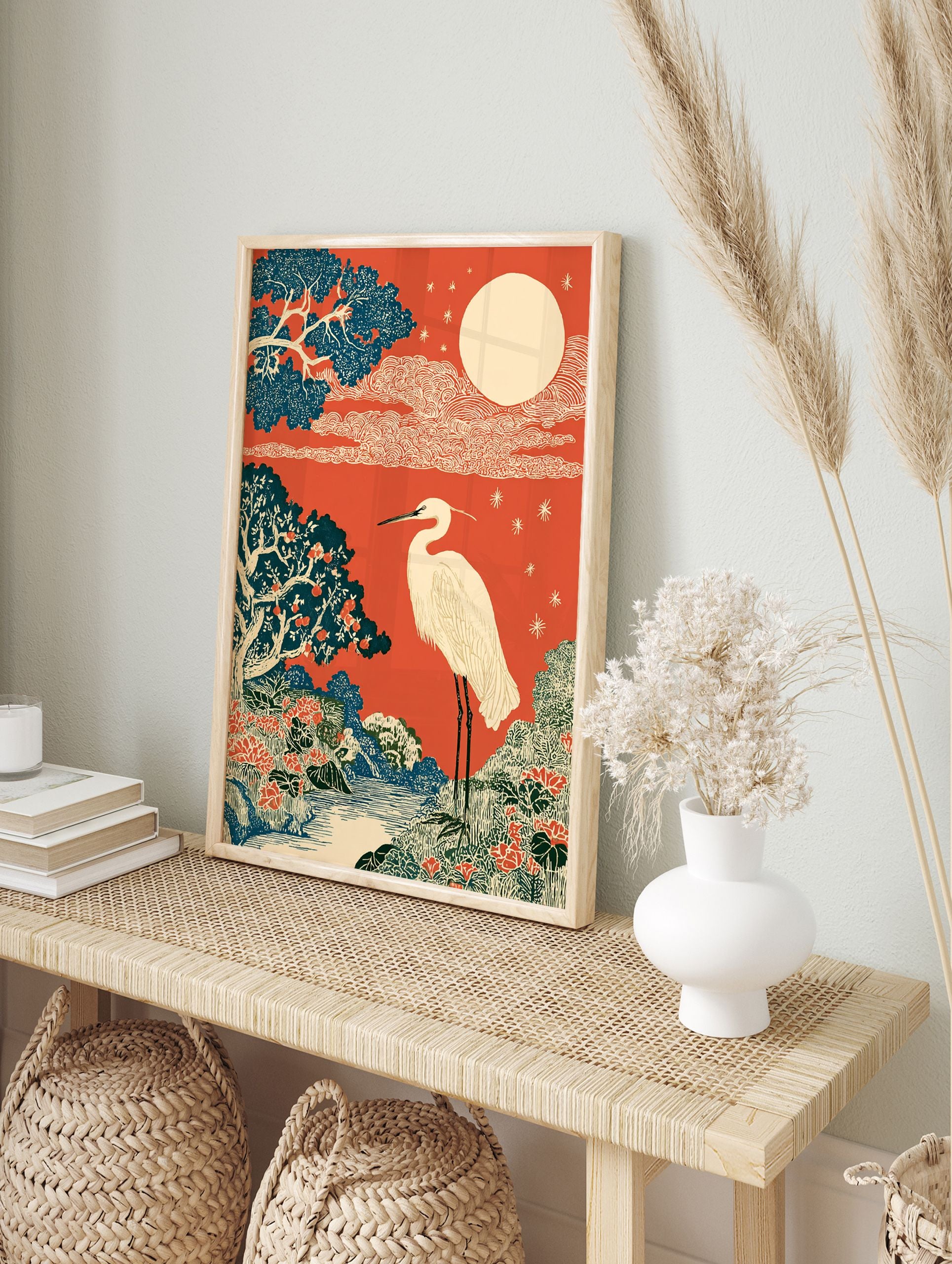 Japanese Ukiyo-e style wall art print with a white crane, red sky, full moon, blue trees, and a river landscape. - Image 3