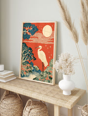 Japanese Ukiyo-e style wall art print with a white crane, red sky, full moon, blue trees, and a river landscape. - Image 3