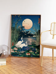 Japanese woodblock print showing two white cranes in a lotus pond with tall reeds under a large full moon. - Image 2