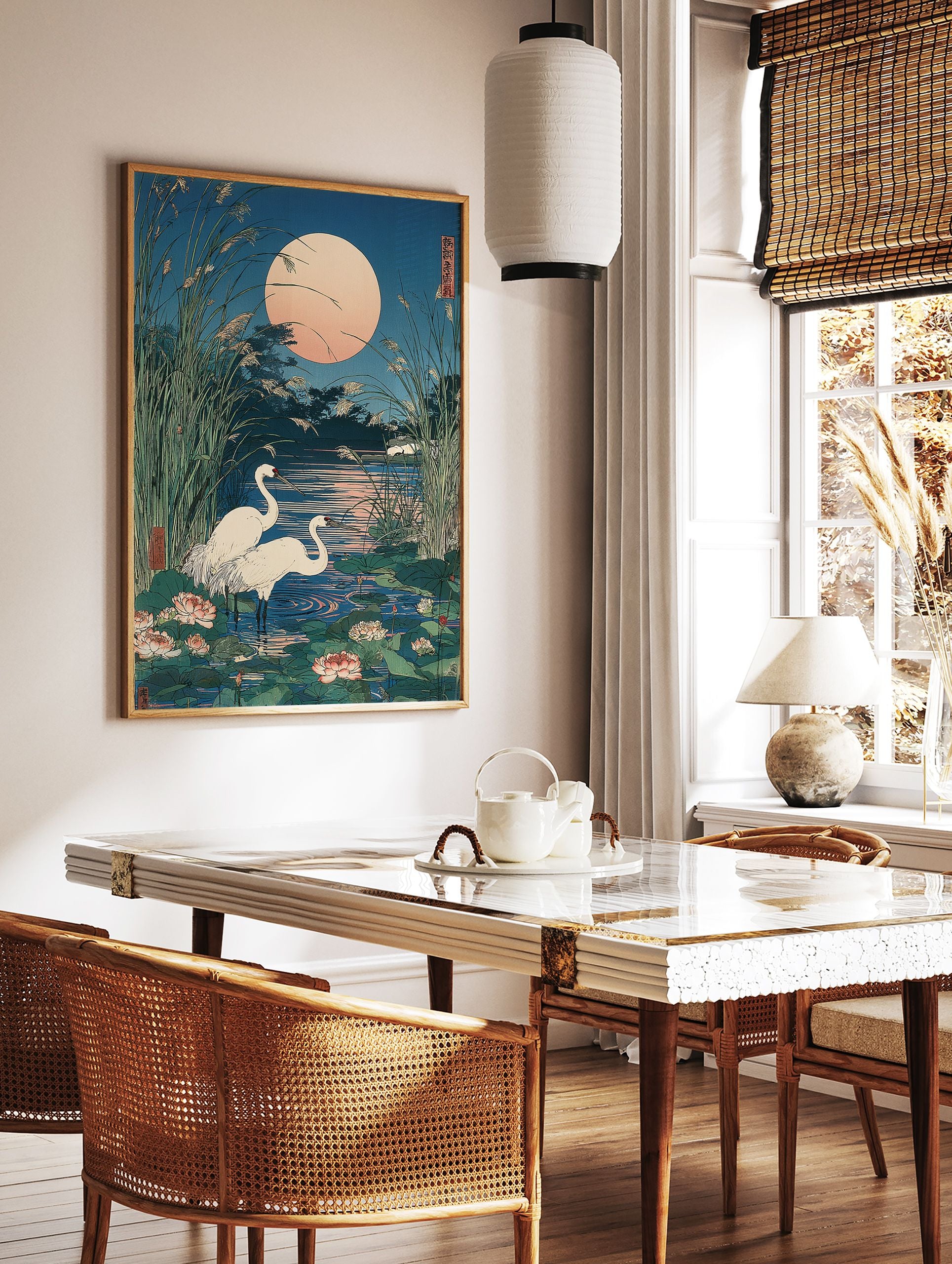 Japanese woodblock print showing two white cranes in a lotus pond with tall reeds under a large full moon. - Image 3