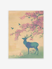 Japanese wall art print of a blue-green deer under pink cherry blossoms with flying birds against a pale yellow sky.