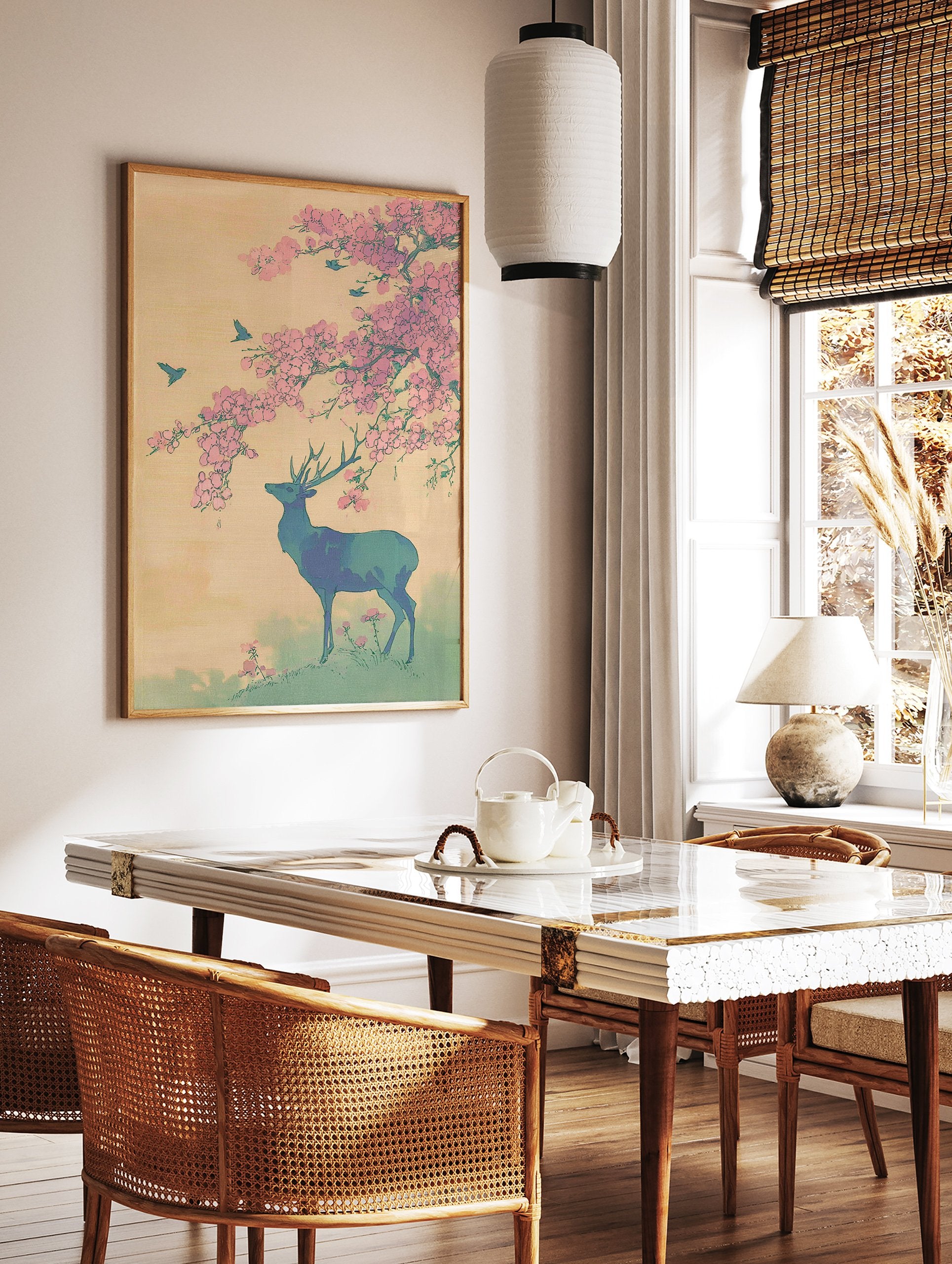 Japanese wall art print of a blue-green deer under pink cherry blossoms with flying birds against a pale yellow sky. - Image 2