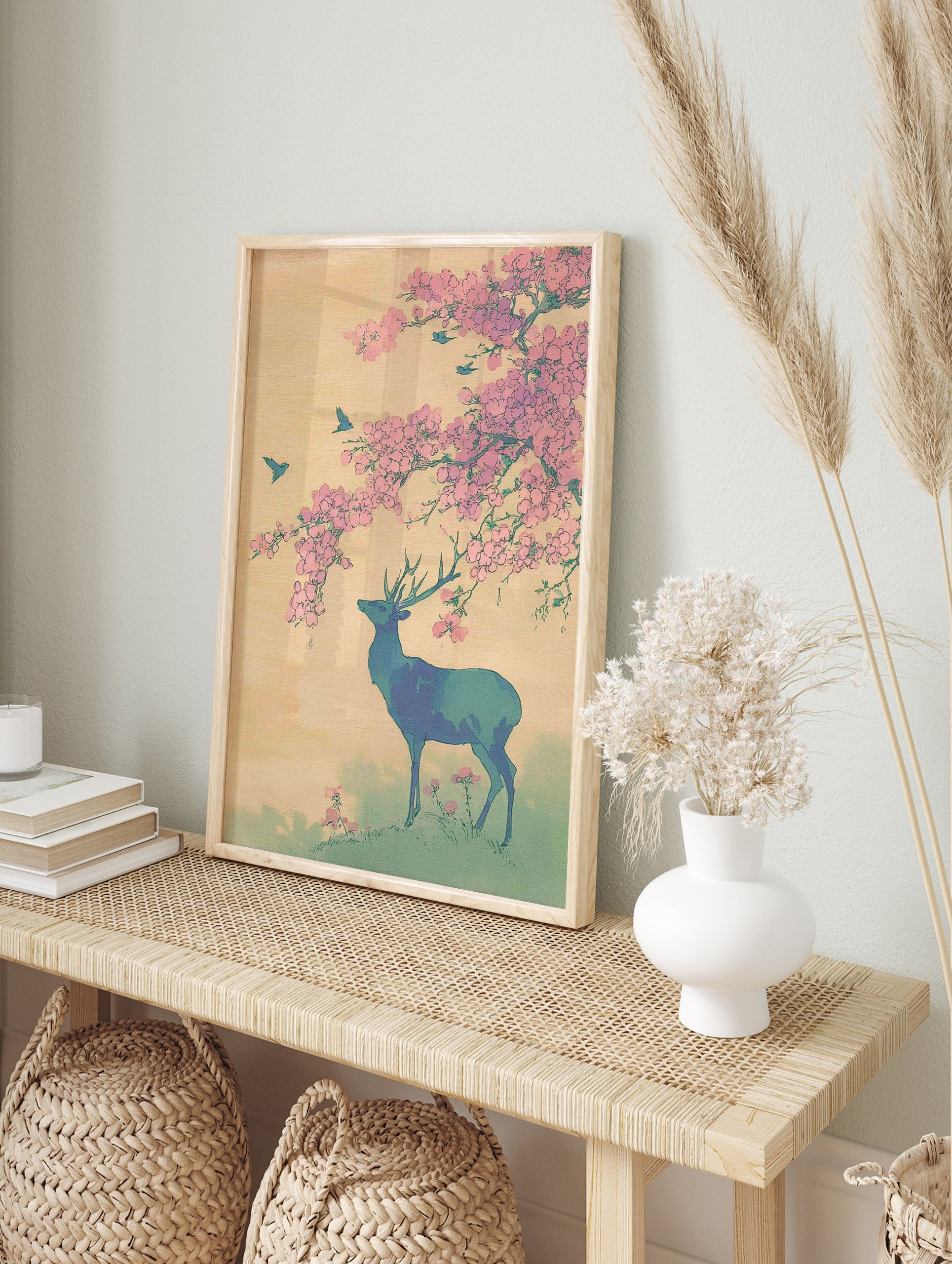 Japanese wall art print of a blue-green deer under pink cherry blossoms with flying birds against a pale yellow sky. - Image 3