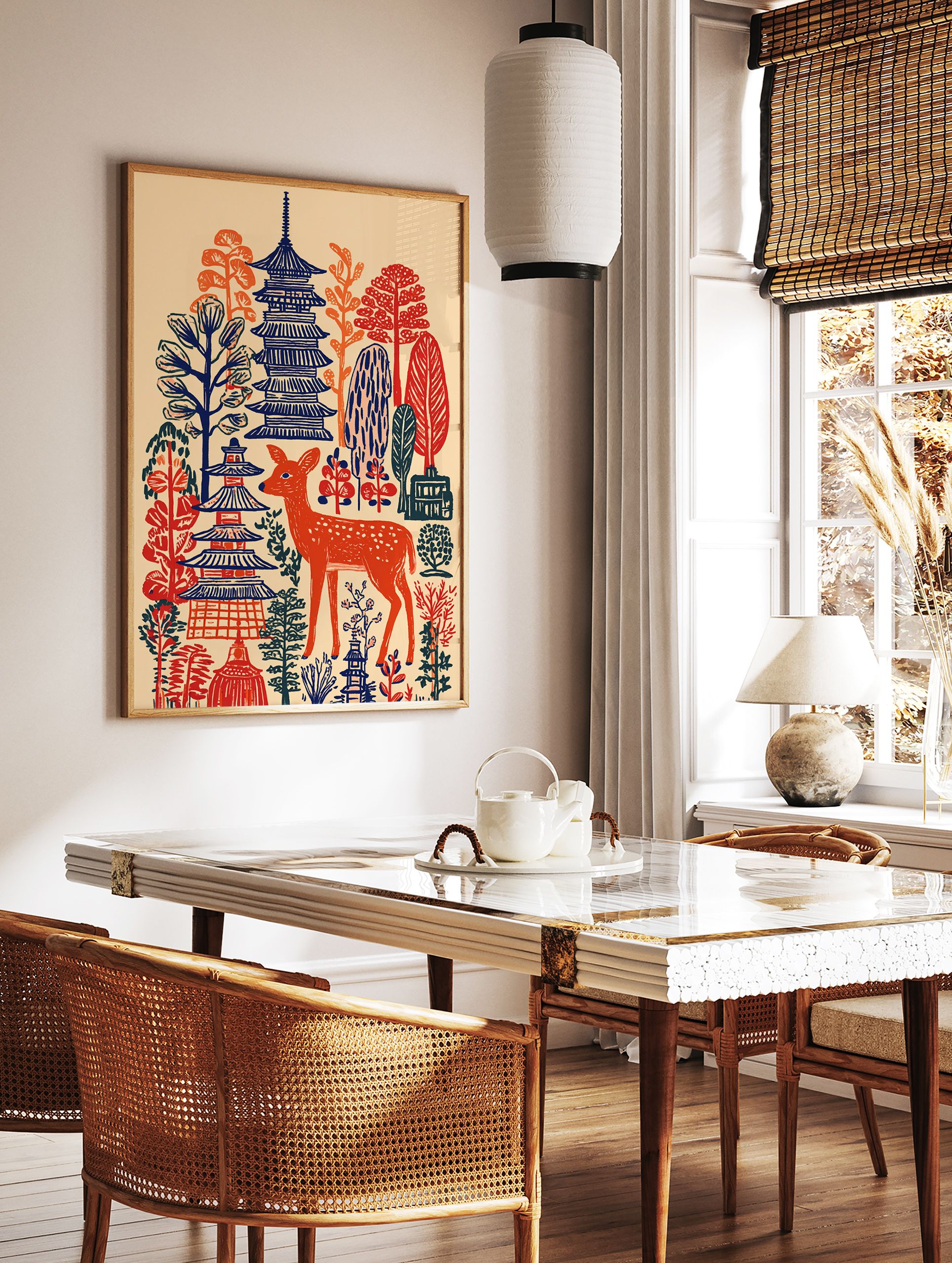 Japanese wall art print with an orange deer, blue pagodas, and stylized red and orange trees on a cream background. - Image 2