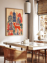 Japanese wall art print with an orange deer, blue pagodas, and stylized red and orange trees on a cream background. - Image 2