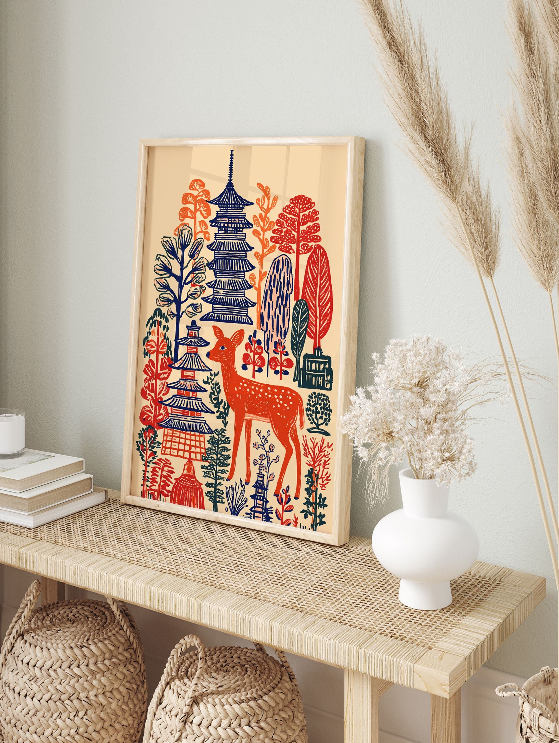 Japanese wall art print with an orange deer, blue pagodas, and stylized red and orange trees on a cream background. - Image 3