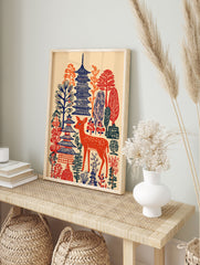 Japanese wall art print with an orange deer, blue pagodas, and stylized red and orange trees on a cream background. - Image 3