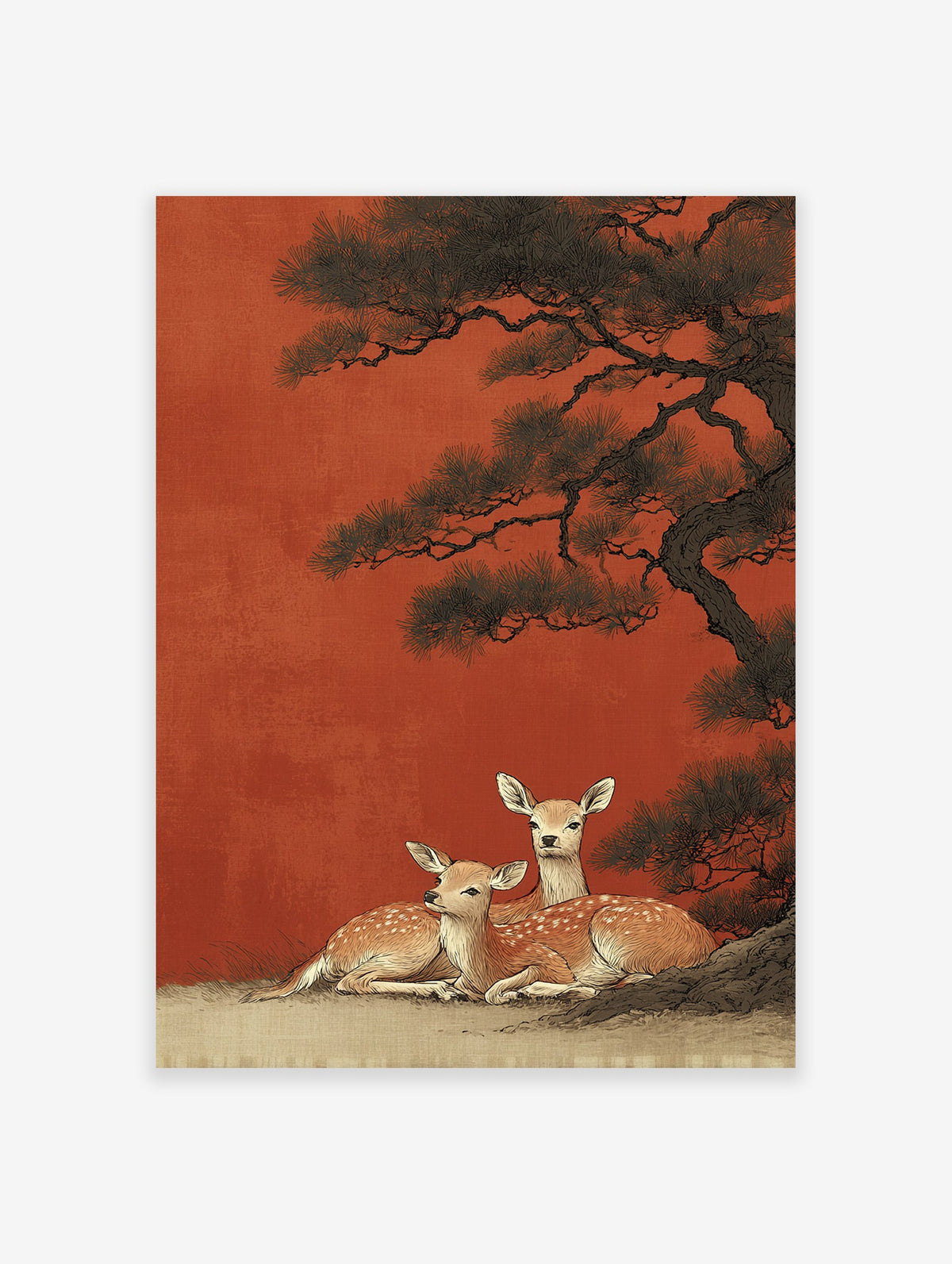 Japanese wall art print featuring two spotted deer resting under a dark pine tree against a vibrant red-orange background.