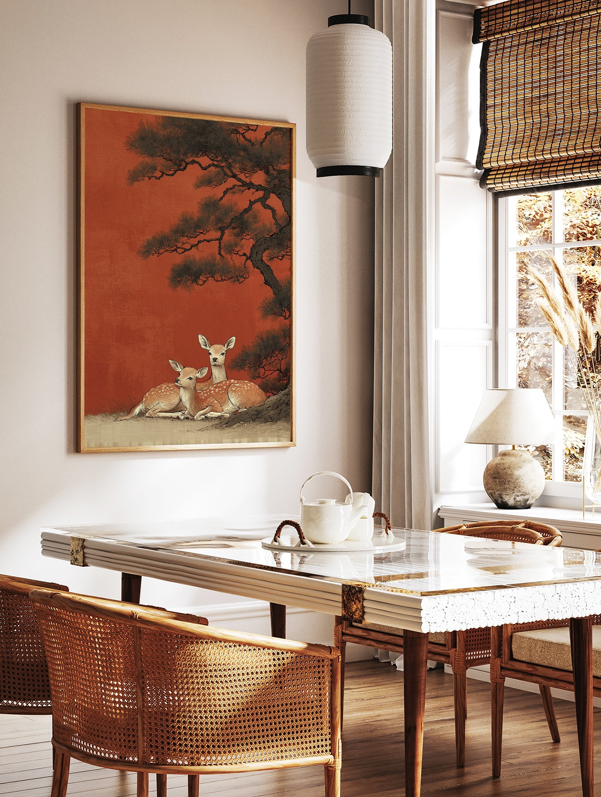 Japanese wall art print featuring two spotted deer resting under a dark pine tree against a vibrant red-orange background. - Image 2