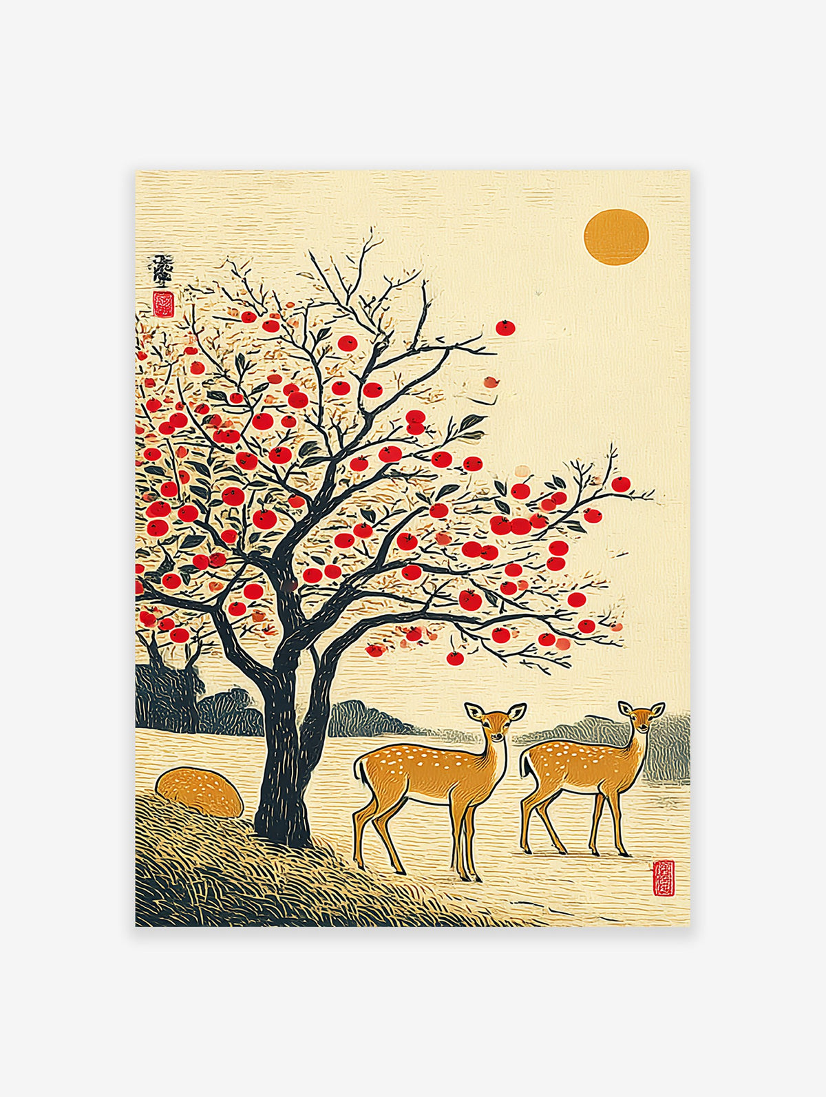 Japanese wall art print featuring two deer under a red persimmon tree with a golden sun in a traditional landscape style.