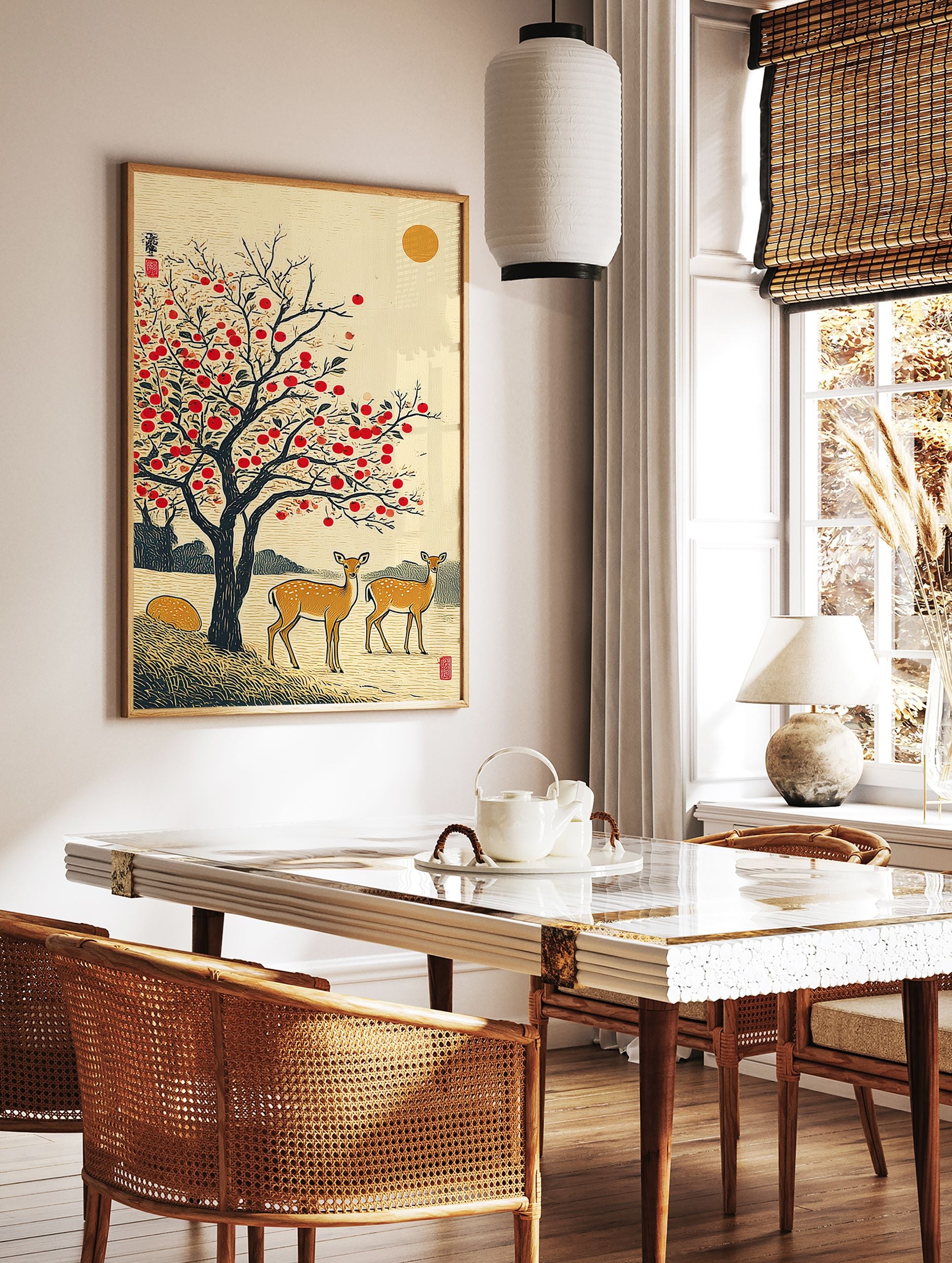 Japanese wall art print featuring two deer under a red persimmon tree with a golden sun in a traditional landscape style. - Image 2
